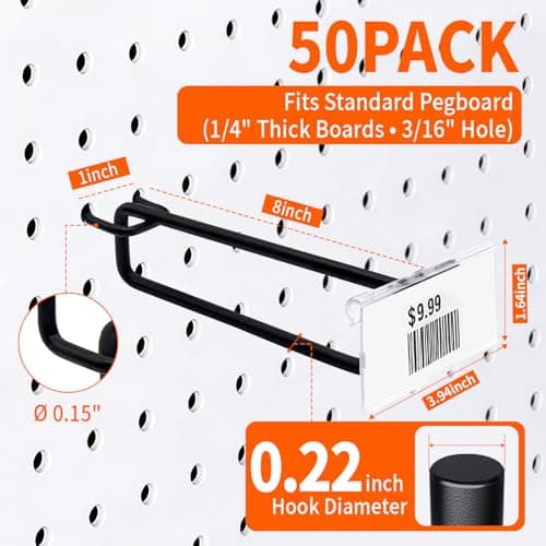 Suntree 50 Pcs 8 Inch Long Pegboard Hooks with Label Slot for 1/4" Pegboard, Extra Long Heavy Duty Hangers for Tools, Cables, Bulk Storage – Garage & Shop Organization