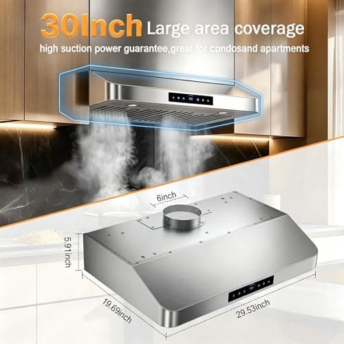 TAZPI 1200CFM Under Cabinet Range Hood 30 Inch, 4-Speed Gesture & Touch Control, Stove Vent Hood for Kitchen, 30'' Stainless Steel Kitchen Hoods with 2 LED Lights Standard — view 2