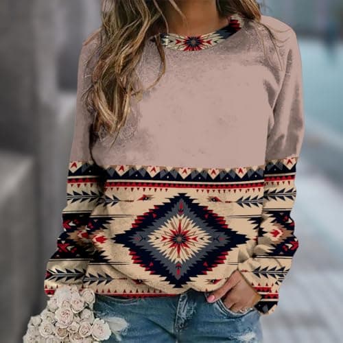 LOAIHA Western Sweatshirts for Women Native American Cowgirl Hoodies Aztec Shirts Long Sleeve Geometric Print Tops Crewneck Blouses Women's Fall Outfit,Aztec Pink,M