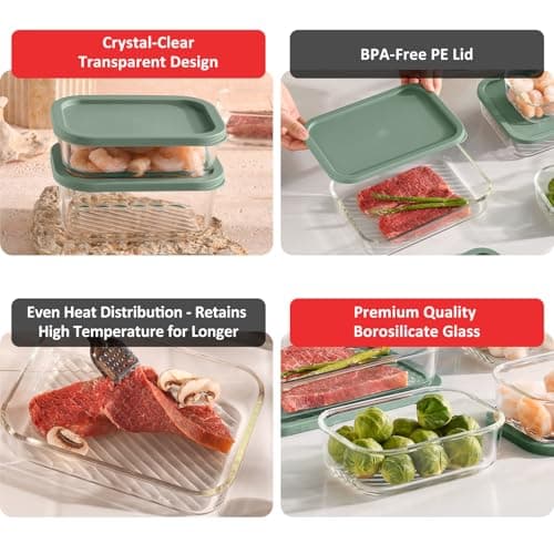 EATEX 14 Pack Glass Meal Prep Containers with Grooved Base, 14 Stackable BPA Free Glass Storage Containers with Lids for Lunch, Pantry, and Kitchen - Microwave, Dishwasher Freezer & Oven Safe - Sage — view 3