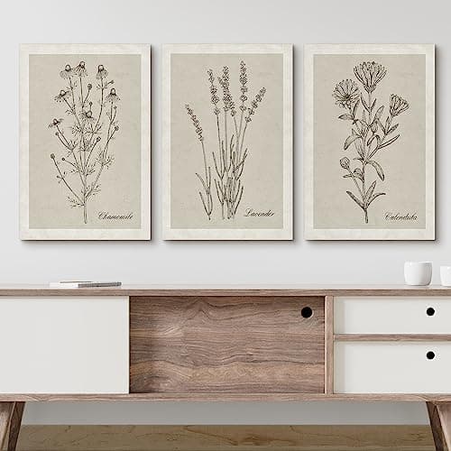 NWT Canvas Print Wall Art Set Retro Vintage Antique Garden Wildflowers Nature Wilderness Illustrations Modern Art Decorative Minimalist Floral Botanical Flowers for Bedroom - 24"x36" x 3