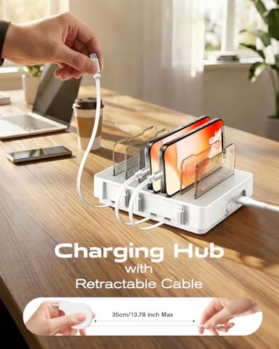 SooPii HomeHub H1 Charging Station for Multiple Devices with 6 Retractable Cables（4*C+2*IP）,60W PD Charger Station for iPhone/Tablet,Tangle-Free Charging Organizer (White)