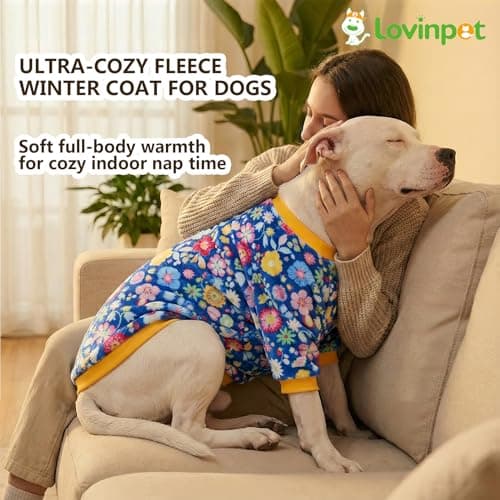 LovinPet Large Dog Winter Flannel Coat, Warm Dog Coat with Front Sleeves and Back Zipper, Easy-Care Full-Coverage Layer for Cold Weather, Happy Packed Floral Blue Prints, XXL — view 4