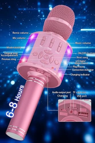 BONAOK Kids Karaoke Microphone Portable Bluetooth Machine Wireless Mic with LED Light, Birthday Gift Toys for Girls Boys Ages 4 5 6 7 8 9 10 11 12 Years Old Party Home(Pinkcolor) — view 5