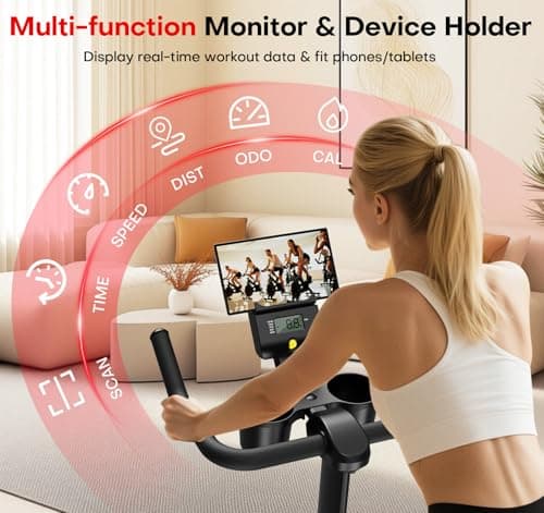 CHAOKE Exercise Bike, Quiet Adjustable Magnetic Stationary Bike for Home Cardio with App Compatible, 350LB Weight Capacity Indoor Cycling Bike with Large Seat, Dumbbell Rack, Pull Cords & LCD Display — view 6