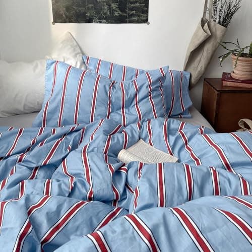 mixinni Vintage Striped Blue Duvet Cover Queen - 100% Cotton Red Stripes 3-Piece Bedding Duvet Cover Set with Zipper Closure, Soft & Breathable Retro Design for All Seasons (Queen Size) — view 7