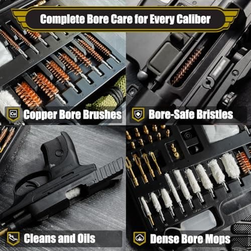 Elite Universal Gun Cleaning Kit for All Guns, Gun Brushes for Pistol Handgun Shotgun Rifle, Durable Brass Rods, 9mm Bore Rope, Oil Bottle, Brushes, Brass Jags, Carrying Case Gun Accessories for Men — view 2