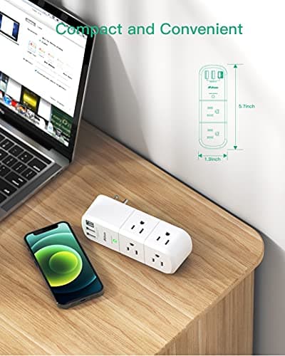 USB Outlet Extender Surge Protector - with Rotating Plug, 6 AC Multi Plug Outlet and 3 USB Ports (1 USB C), 3-Sided Swivel Power Strip with Spaced Outlet Splitter for Home, Office, Travel — view 5