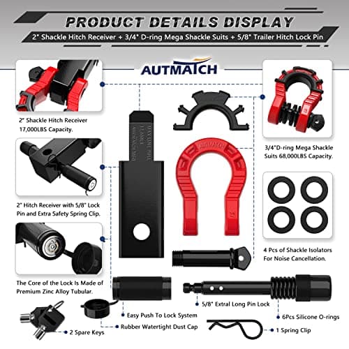 AUTMATCH Shackle Hitch Receiver 2" with 3/4" Mega D Ring Shackle and 5/8" Trailer Hitch Lock Pin, 68,000 Lbs Break Strength Heavy Duty Receiver Towing Kit for Off-Road Vehicle Recovery, Black & Red