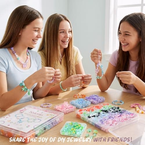 Sistenia 480PCS Acrylic Beads for Bracelet Making Kit with String, 6 Colors Assorted Cute Beads Bracelet Charms for Jewelry Making, Kawaii Bow Star Flower Shape for DIY Keychain Bag Necklace Charms — view 5