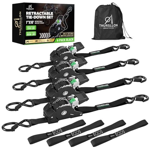 THURSLLON Retractable Ratchet Straps (4-Pack) - 1 Inch x 10 Feet (1,650lb Break Strength) - Auto Self Retracting Tie Down Straps for Truck, Cargo Trailer, Motorcycle, ATV, UTV - Black