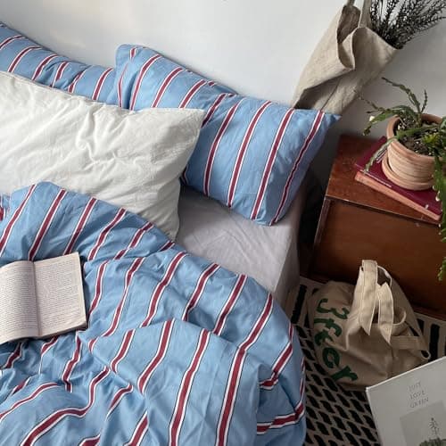 mixinni Vintage Striped Blue Duvet Cover Queen - 100% Cotton Red Stripes 3-Piece Bedding Duvet Cover Set with Zipper Closure, Soft & Breathable Retro Design for All Seasons (Queen Size) — view 2