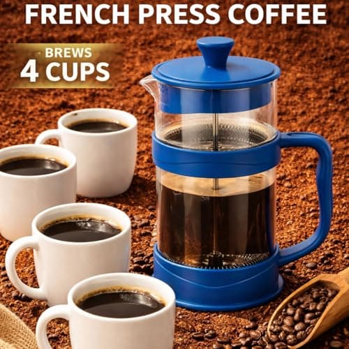 Alpine Cuisine 1L Glass French Press Coffee Maker, Stainless Steel Plunger & Heat-Resistant Borosilicate Carafe, Manual Coffee & Tea Brewer, Blue — view 4