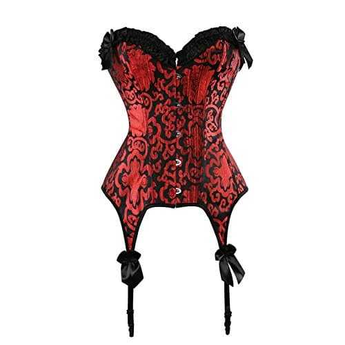 HNGHOU Women's Sexy Corset Bustier Push up Overbust Corset Top with Garter Belt (Red,Large)