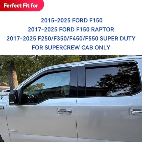 YQAUTEC Window Visors Rain Guards for 2015-2026 Ford F150 SuperCrew & 2017-2026 F-150 Raptor F250 F350 F450 F550 Super Duty Crew Cab, Out-Channel Window Vent Deflectors Visors Shades Protectors