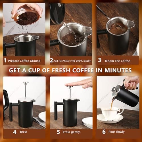 SZHETEFU 34 OZ Large French Press, Premium Stainless Steel Sturdy Insulated French Press Coffee Maker, 4-8 Cups French Coffee Press, Tea Presses for Home Kitchen Caming Loose Tea, Elegant Black — view 5