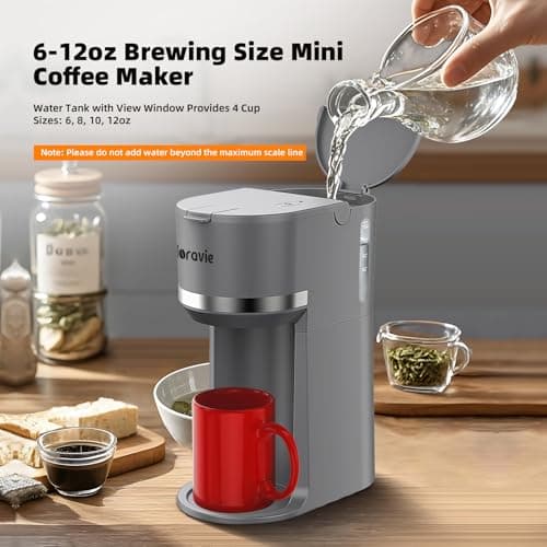 Horavie Mini Single Serve Coffee Maker for K Cup Pods and Grounds, Fast Brew One Cup Coffee Machine with Descaling Reminder and Water Window, 6 to 12 oz. Brew Sizes, Gray — view 4