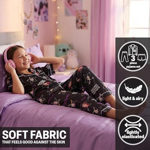 Get Trend KPop Demon Hunters Girls Pajamas Officially Licensed 3-Piece Huntrix PJs Set with Pants & Shorts, Satin Nightwear (5-6 Years, Black AOP)