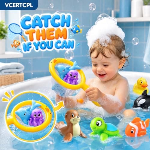 Vcertcpl Bath Toys for Kids Toddler Bathtub Toys, No Hole Baby Bath Toys with Floating Rubber Animals, Watering Can, Duck Net and Spoon, 11 Pack Bathtub Sand Beach Pool Toys Water Toys for Kids — view 2
