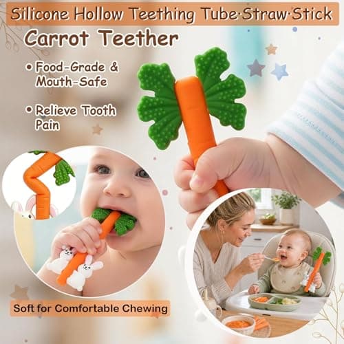 Baby Teething Toys Silicone Carrot Rabbit Hollow Teething Tubes -Sensory Chew Toys Over 3 Months - Teether Straws for Teething Relief -BPA Free Infant Toys Baby Shower Gifts Baby Essentials (1) — view 2