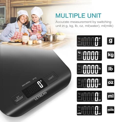 Ultrean Food Scale, Digital Kitchen Scale Weight Grams and Ounces for Baking and Cooking, 6 Units with Tare Function, 5kg/11lb (Batteries Included) (Black)