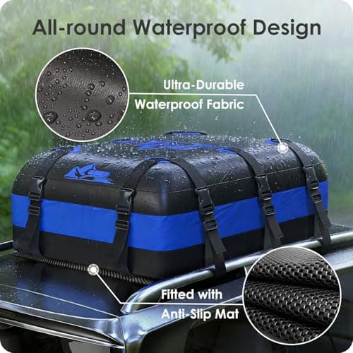 BATSUVCER Car Rooftop Cargo Carrier Bag 20 Cubic Feet, 100% Waterproof Heavy Duty Car Roof Bag for All Vehicle with/Without Racks - Anti-Slip Mat, 6 Door Hooks, Storage Bags, 5CM Straps(Blue)