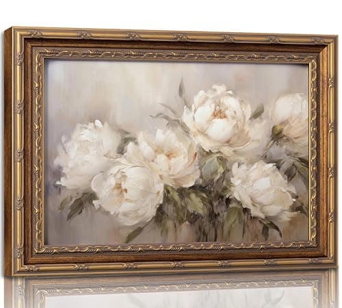Vintage Gold Framed Vintage Flower Wall Art Retro White Floral Wall Decor Retro Peony Artwork Picture for Home Living Bedroom Farmhouse Hallway