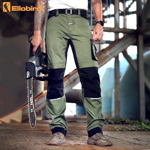 Ellobird Men's Construction Work Utility Pants Relaxed Fit Stretch Flex Cordura Double Knee Reinforcement Carpenter Cargo,(Olive,36W x 30L) — view 2