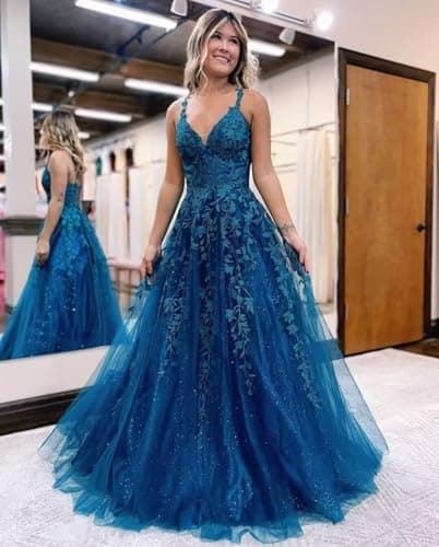Pairuodas Tulle Lace Appliques Prom Dresses Long Spaghetti Straps A-Line Ball Gown V Neck Formal Evening Party Dress, Burgundy, 6 — view 2