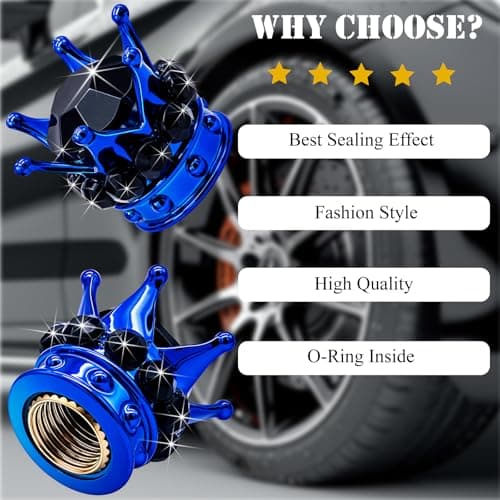 MEAJOO 4PCS Crown Bling Tire Stem Valve Caps, Crystal Diamond Car Wheel Tire Valve Caps Universal Copper Core Stem Covers for Cars, SUV, Trucks, Bikes, Motorcycles, Bicycles (Blue & Black) — view 5
