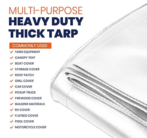 Tarpco Safety Extra Heavy Duty 14 Mil Tarp Cover, Waterproof, UV Resistant, Rip and Tear Proof, Poly Tarpaulin with Reinforced Edges for Roof, Camping, Patio, Pool, Boat (White 12′ X 16′) — view 3