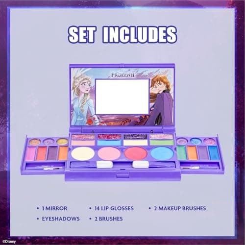 Disney Frozen Kid Makeup Set for Girls with Mirror Includes 14 lip glosses, 4 Body Shines,6 Brushes Make Up Beauty Kit Box Set for Girls Kids Tweens by Townley Girl