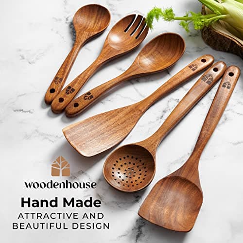 Wooden Spoons for Cooking – Wooden Kitchen Utensils Set, 6 Pcs Teak Wood Utensil Set – Comfortable Grip Non–Stick Wooden Cooking Utensils — view 5