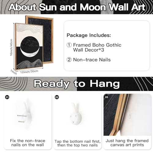 CHDITB Abstract Sun Moon Framed Canvas Art Prints Set(12"x16"), 3 Panels Modern Neutral Black and White Artwork Painting, Large Boho Minimalist Fine Line Wall Art Home Decor for Bedroom Living Room — view 6