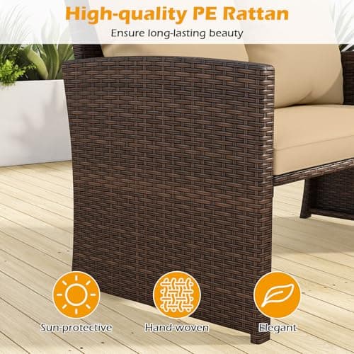 Tangkula Outdoor Loveseat with 2 Ottomans, 3 Pieces Patio PE Wicker Furniture Set with Cushions, Outside Rattan Conversation Set for Balcony, Garden and Backyard (Brown) — view 4