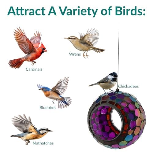 Sunnydaze 6-Inch Glass Mosaic Hanging Bird Feeder for Outdoors - Fly-Through Glass Bird Feeder for Cardinals, Jays, Finches and More - Iridescent Purple Mosaic — view 4