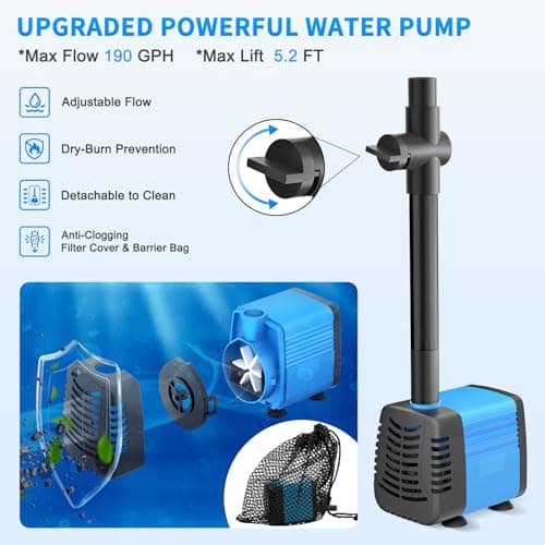 Solar Pond Pump, 15W Solar Fountain Pump with 720L/H Flow & 4 Spray Styles, 5m Extendable Power Cord, Debris Barrier Bag for Outdoor Fountain, Ponds, Fish Tank, Waterfall, Garden Water Features — view 2