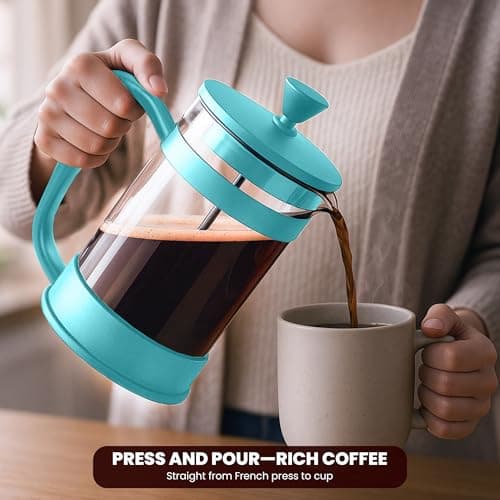 Utopia Kitchen French Press Espresso and Tea Maker with Triple Filters, Stainless Steel Plunger and Heat Resistant Borosilicate Glass (Aqua, 34-oz (Pack of 1)) — view 2