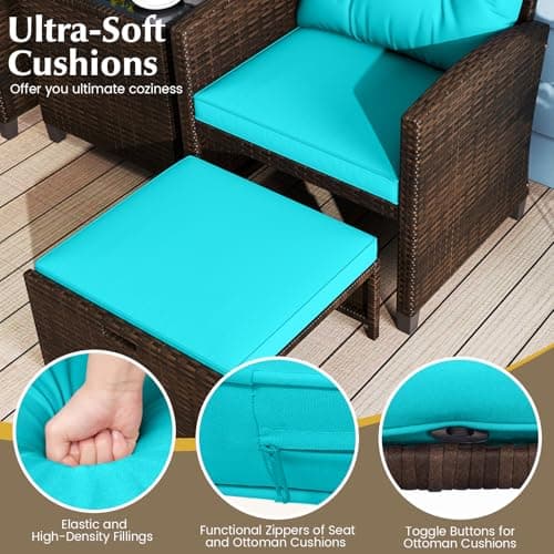 KOTEK 5 Pieces Patio Furniture Set with Ottomans, Wicker Patio Conversation Set with Coffee Table & Cushions, PE Rattan Outdoor Lounge Chairs for Backyard, Porch, Poolside (Mix Brown- Turquoise) — view 3