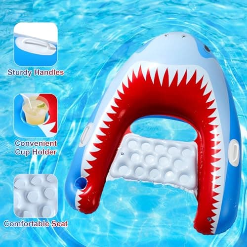 HeySplash Pool Floats Adult, Shark Pool Float Chair with Cup Holder for Adults, Inflatable Pool Float Lounge with Handles, Inflatable Floats for Swimming Pool Beach Lake River Water Party, Blue Shark — view 4