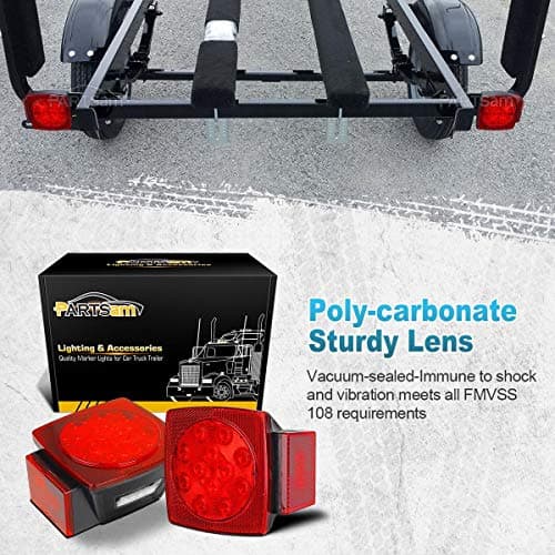 Partsam 12V Submersible Square Led Trailer Light,Red White LED Stop Turn Tail License Brake Running Light Lamp for Trailers Under 80" Boat Trailer Truck Marine Camper RV Snowmobile,IP68,DOT Compliant — view 2