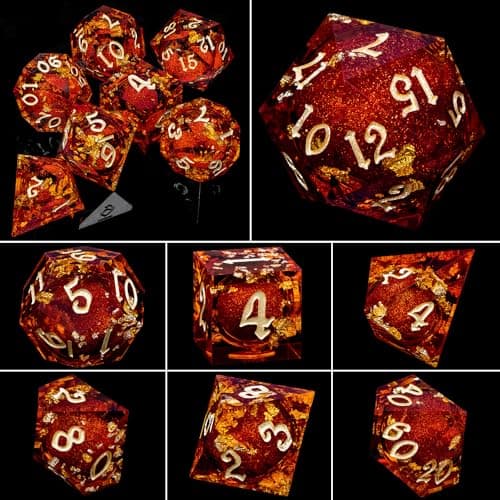 ARUOHHA Liquid Core DND Dice Set, 7pcs Resin Sharp Edged Dragons Dice Compatible with D&D Role Playing Game, Handmade RPG Golden Red Dungeons Polyhedral Dice with Gift Box, D20 D12 D10 D8 D6 — view 5
