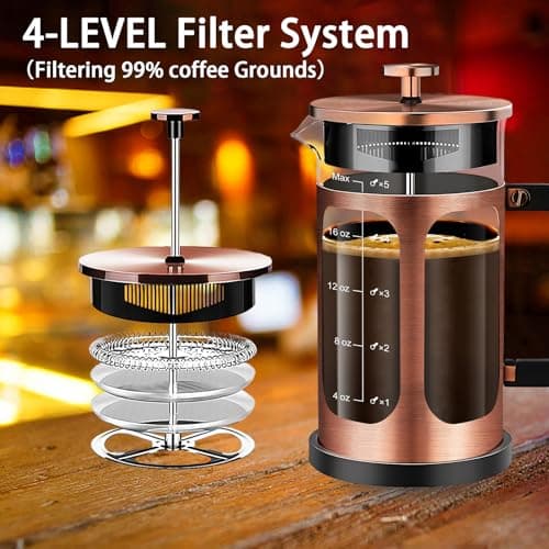 YMMIND French Press Coffee Maker (21oz 600ML 3-4Cup) Coffee Press, with 4 Filters System, Heat Resistant Thickness Borosilicate Glass, Cold Brew Coffee Tea Pot Gifts (Copper) — view 2