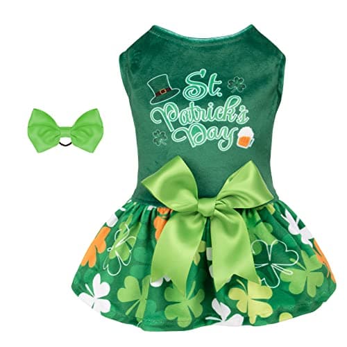CuteBone St.Patrick's Day Dog Green Dress Velvet for Small Dogs Girl Puppy Dresses Clover Dog Clothes