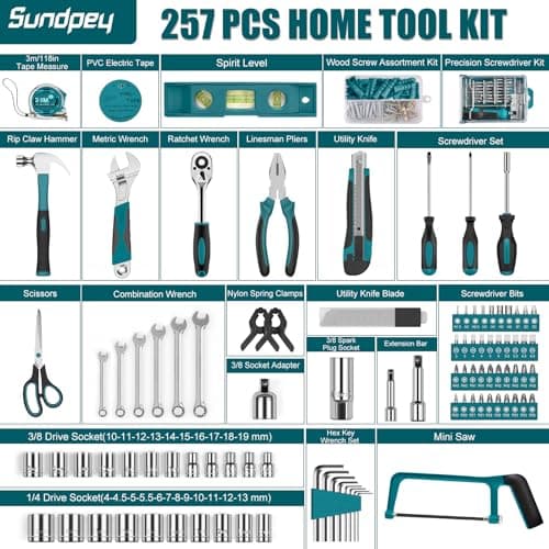 Sundpey 257PCs Home Tool Kit - Portable Repair Outils Complete General Household Hand Tool for Mechanic Tools for Men & Women with Ratchet & Screwdriver & Socket Set & Tool Box Storage Case — view 2
