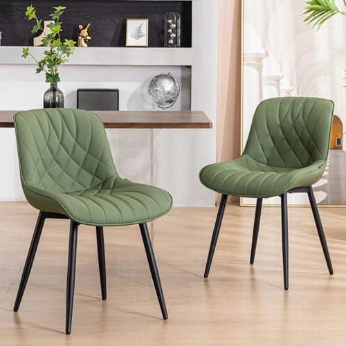 YOUNUOKE Dining Chairs Set of 2, Mid Century Modern Kitchen Chairs with Mid Back and Metal Legs, Upholstered Faux Leather Armless Accent Chairs for Living Room Waiting Room Bedroom, Olive Green