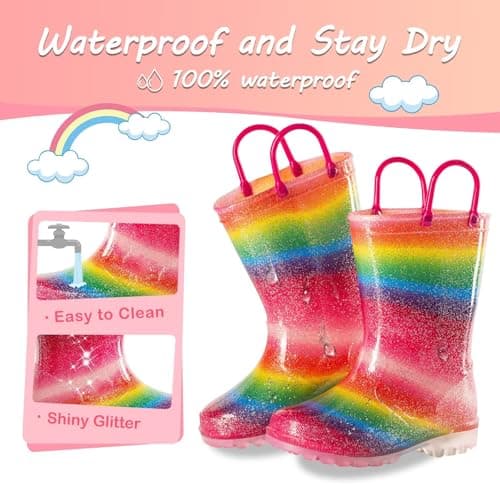 Toddler Rain Boots Kids Light Up Rain Boots for Girls Rainbow Waterproof Glitter Rainboot with Easy Pull On Handles, Toddler Size 9 — view 3