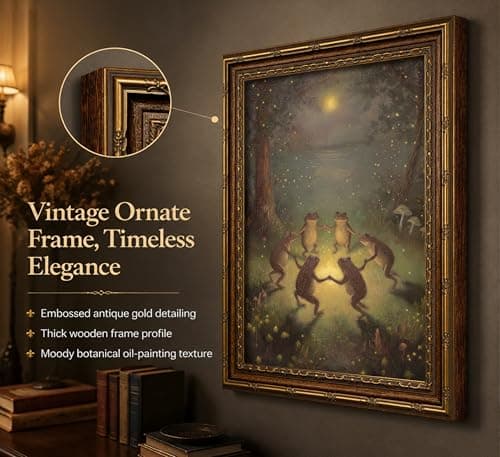 Vintage Gold Framed Frog Wall Art,Frogs Dancing in Moonlight Forest Painting Canvas Prints,Whimsical Animal Wall Decor,Retro Country Toad Poster Artwork,for Corridor Living room Bedroom Kitchen — view 2