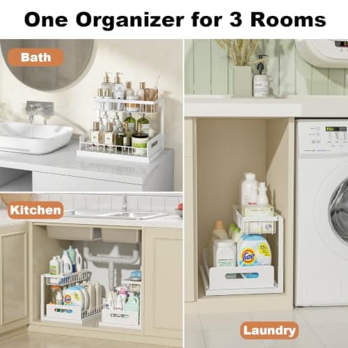 REALINN Under Sink Organizer, Pull Out Cabinet Organizer, 2 Tier Metal Slide Out Shelf with L Shaped Design for Kitchen, Bathroom, Laundry, and Utility Cabinet Storage for Deep Cabinets, White, 2 Pack — view 2