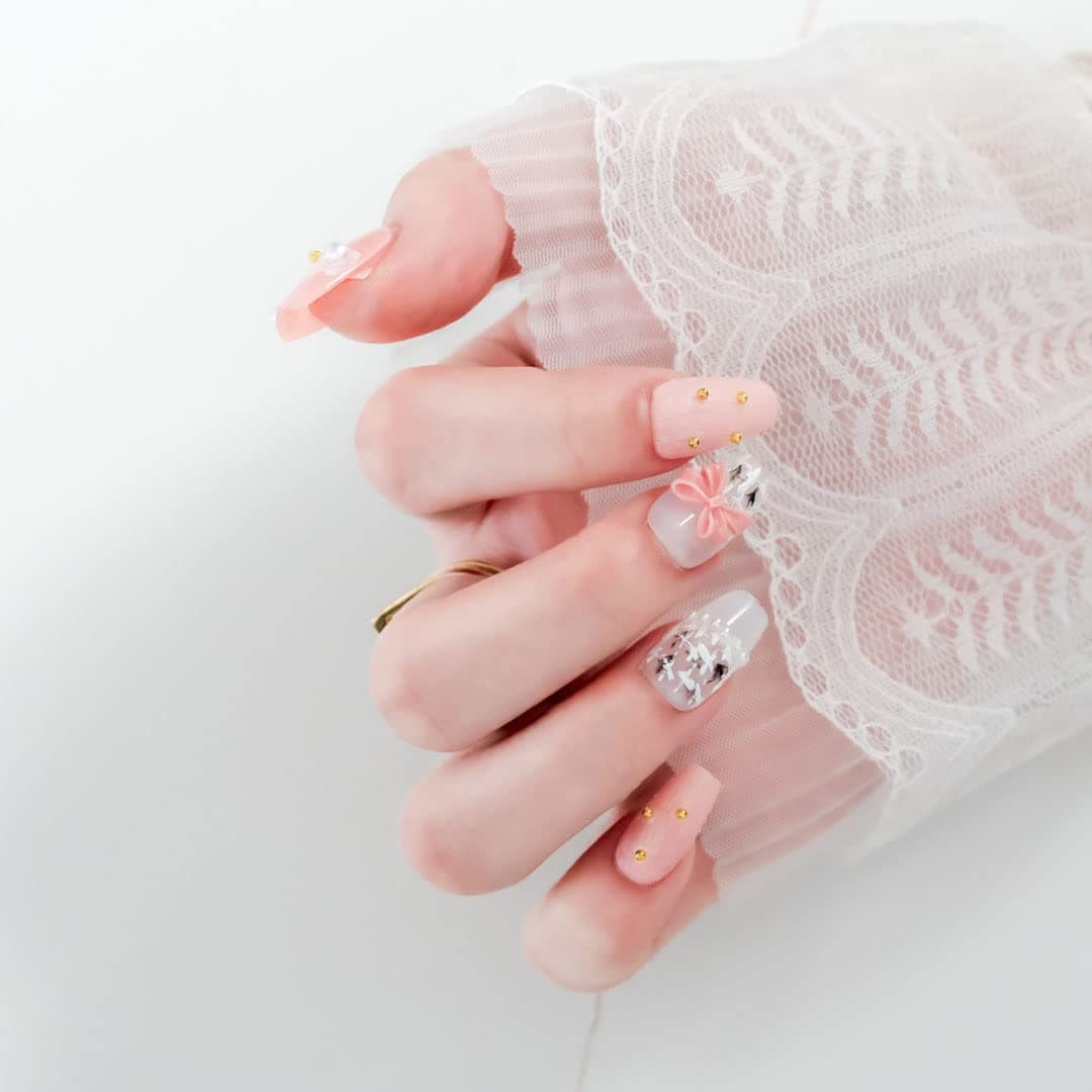 Sun&Beam Nails Handmade Press On Nail Long Coffin Ballerina Pink Flower Acrylic Fake Tip 3D Design Art Charms Cute with Storage Box 10 Pcs (S) — view 359